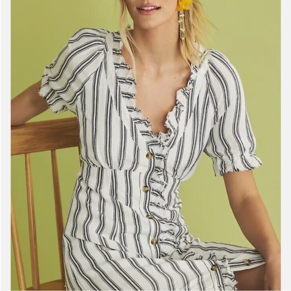 Pilcro Striped Ruffle Button-Front Midi Dress – Size 0P